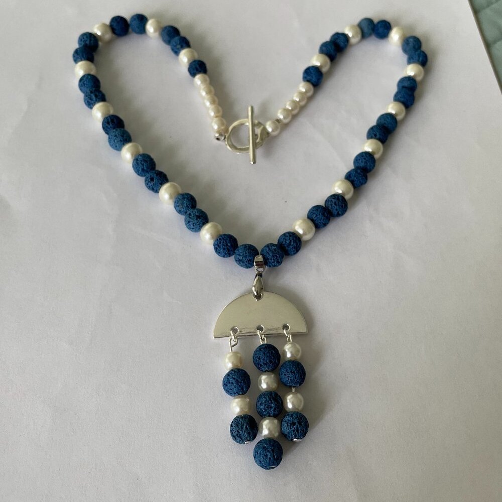 Blue Lava Stone and Glass Pearls Necklace and Pierced Earrings Set - Picture 3 of 5